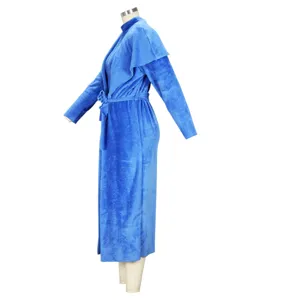 Blue plush long cardigan coat detail shot, elegant winter outfit with belt for women.