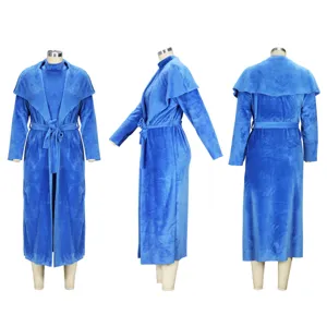 Detailed view of the royal blue plush two-piece set, featuring a long belted cardigan and top.