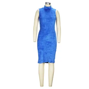 Blue sleeveless turtleneck plush dress for women, soft fuzzy winter mini dress stylish.