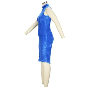 Blue sleeveless plush midi dress, soft mock neck fuzzy style, elegant slim fit apparel detail.