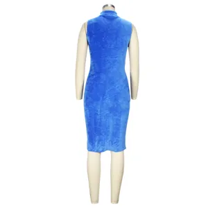Women winter royal blue fuzzy sleeveless mock neck midi dress casual warm plush clothing