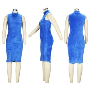 Blue sleeveless fuzzy turtleneck dress detail view, soft plush material for autumn winter.