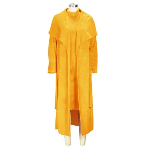 Yellow fleece long cardigan and dress two-piece set, cozy autumn winter fashion outfit details.