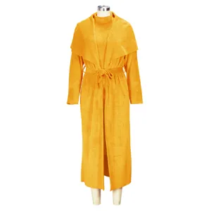 Autumn winter elegant two piece cardigan dress set casual long fleece coat outfit for women.