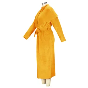 Detailed view of the elegant autumn winter yellow velvet long cardigan dress two-piece set.