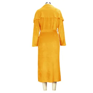 Women yellow long plush cardigan coat back view, stylish autumn winter outerwear detail.