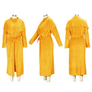 Yellow long cardigan two-piece set, casual loose maxi dress and matching outer layer