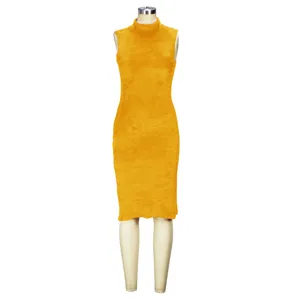Women's sleeveless mock neck fuzzy midi dress solid color casual stylish autumn wear.