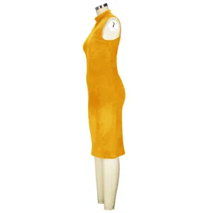 side view detail of yellow velvet sleeveless mock neck midi dress fashion apparel