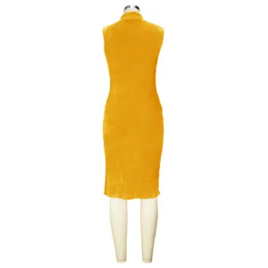 Yellow sleeveless high neck dress women solid color elegant fashion wear casual chic.