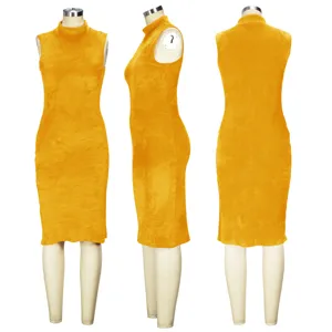 Detailed view of the yellow sleeveless mock neck velvet midi dress, showing premium plush fabric texture.
