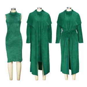 Green winter cardigan dress two-piece set, elegant long outerwear and sleeveless dress.