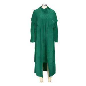 Detailed view of the elegant green fleece cardigan and dress two-piece set, cozy long style.