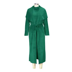 Green fuzzy 2-piece dress and coat set featuring a long cardigan and mock neck dress for women.