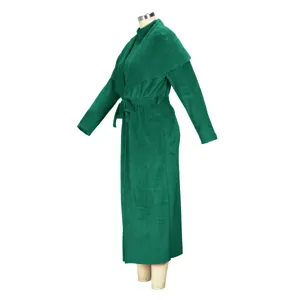 Dark green fleece long cardigan coat dress set, elegant winter thermal apparel detail view.