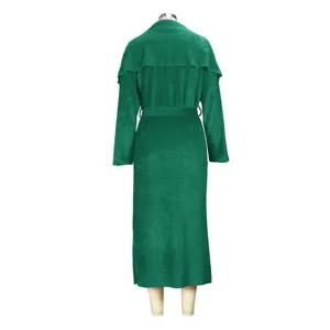 Long green plush cardigan coat for women, elegant autumn winter outerwear with belt.