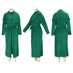 Fashion green long cardigan dress two-piece set, elegant autumn winter casual cozy outfit.