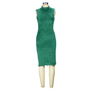 Green sleeveless mock-neck dress detail view, soft velvet fabric texture and slim fit design.