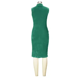 Green sleeveless velvet midi dress detail back view featuring a chic high neckline design.