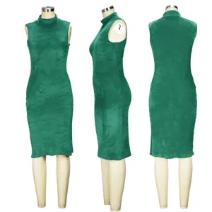 Green sleeveless mock neck velvet midi dress, elegant autumn winter women fashion apparel.