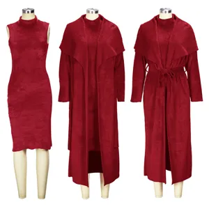 Detailed view of the wine red fuzzy fleece long cardigan and sleeveless midi dress set.