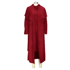 Red autumn winter two piece long cardigan dress set comfortable casual chic fashion outfit