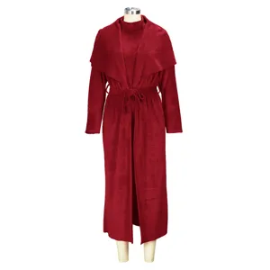 Red velvet two-piece cardigan dress set, autumn winter long sleeve elegant clothing detail view.