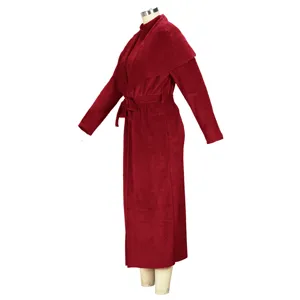 Red autumn winter long fleece cardigan dress set with shawl collar and waist belt for women.