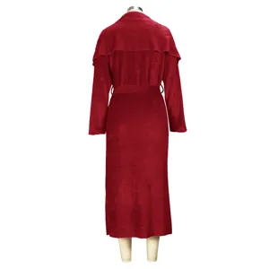 Red velvet long cardigan coat for women, elegant loose winter fashion outerwear apparel.