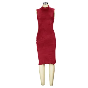 Red sleeveless turtleneck midi dress, elegant winter autumn velvet dress for women basic chic