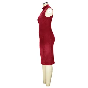 Red sleeveless mock neck midi dress side detail showcasing velvet fabric and fit
