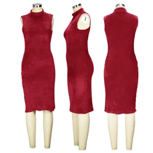 Red sleeveless mock neck velvet dress detail view, showcasing soft fabric and slim fit design.