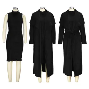 Detail view of women black sleeveless dress and long cardigan two-piece outfit on mannequins.