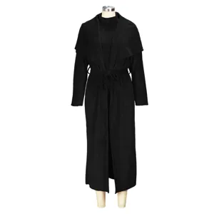 Black long sleeve cardigan two-piece set detail view, elegant autumn winter fashion apparel.