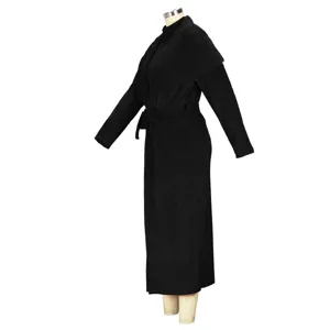 Black long cardigan coat detail view, elegant autumn winter fashion outerwear, loose fit.