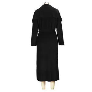 Black long cardigan coat back view, elegant autumn winter outerwear, stylish loose casual wear.