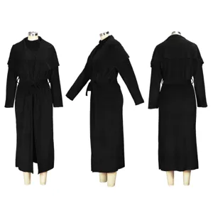 Detailed view of the elegant black long cardigan coat two-piece set, cozy autumn wear.
