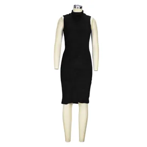 Black sleeveless mock turtleneck knit midi dress detail view product quality showcase.