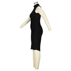 Elegant black mock neck sleeveless midi dress for women, stylish slim fit basic party wear.