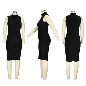 Detailed view of black sleeveless turtleneck midi dress, elegant slim fit autumn winter.