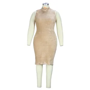 Sleeveless high-neck plus size velvet bodycon midi dress in khaki, comfortable daily wear.