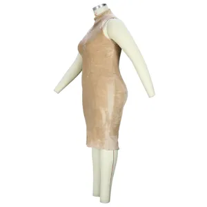 Close-up detail view of sleeveless high-neck plush fitted dress texture and design.