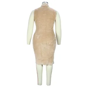 Detail view of the stylish winter sleeveless fleece dress back design, soft khaki plush fabric.