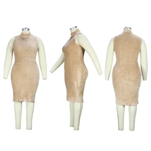 Plus size sleeveless fuzzy midi dress in camel, solid color mock neck design for autumn.