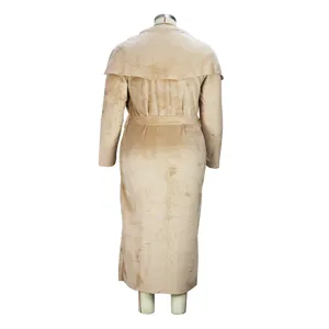 Detailed back view of the stylish beige long fleece cardigan coat with belt for autumn and winter.
