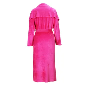 Bright pink long plush cardigan coat, winter warm fleece open front outerwear for women.