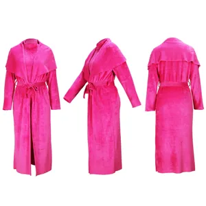 Long fuzzy pink cardigan and matching dress set, detailed front, side and back views.