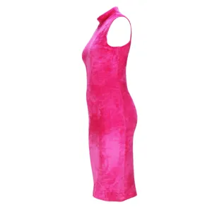 Bright hot pink sleeveless velvet mock neck bodycon dress side view fashion detail