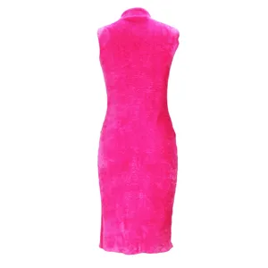 Hot pink sleeveless fuzzy high-neck dress, soft plush textured fabric, slim fit, elegant style.