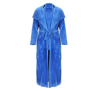 Blue fuzzy long cardigan detail, soft texture fabric, cozy two piece outfit close up.